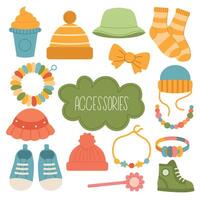 barn Tillbehör och kläder tecknad serie uppsättning, inkludera hattar, armband, sneakers, armband, bönpåse. illustration vektor