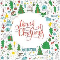 Satz von Winter-Doodle-Elementen. bunte handgezeichnete Objekte mit handgeschriebener Schrift auf weißem Hintergrund. Frohe Weihnachten und einen guten Rutsch ins neue Jahr 2022. vektor