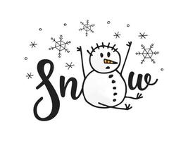 Ein sitzender Schneemann fängt fallende Schneeflocken auf. Winter-Vektor-Illustration. neues jahr 2022. frohe weihnachten. handgezeichneter Doodle-Stil. vektor