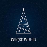silberne Silhouette eines Weihnachtsbaumes mit Schnee und Sternen auf dunkelblauem Hintergrund. Frohe Weihnachten und ein glückliches neues Jahr 2022. Vektor-Illustration. Winterwünsche.