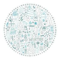 Satz von Winter-Doodle-Elementen. blaue handgezeichnete Objekte in Form eines Kreises auf weißem Hintergrund. Frohe Weihnachten und einen guten Rutsch ins neue Jahr 2022. vektor