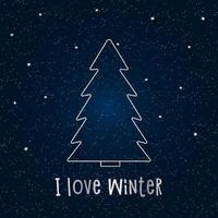 silberne Silhouette eines Weihnachtsbaumes mit Schnee auf dunkelblauem Hintergrund. Frohe Weihnachten und ein glückliches neues Jahr 2022. Vektor-Illustration. ich liebe Winter. vektor