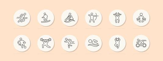 användbar hobby uppsättning ikon. bågskytte, simning, lyft vikter, meditation, dans, cykling, löpning, hälsa vård, utomhus- aktiviteter, sporter, pastell. friska livsstil begrepp. linje ikon. vektor