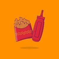 fliegende Flasche Sauce und Pommes frites schwimmende Cartoon-Stil Illustration vektor