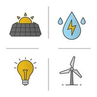 eco energi färg ikoner set. solpaneler, väderkvarn, vattenenergi, glödlampa. isolerade vektorillustrationer vektor