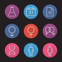 Wissenschaftsforschung Symbole. flache lineare lange Schattensymbole. Laborflasche, Kalender, Testpapier, ineinandergreifende männliche und weibliche Zeichen, Mann und Frau, DNA-Kettenmodell. vektorlinie illustration vektor