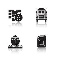 Öltransport Schlagschatten schwarze Symbole gesetzt. Benzinfässer und Benzinkanister, Frachtschiff und Transporttankwagen. isolierte vektorillustrationen vektor