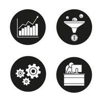 Geschäftsikonen eingestellt. Verkaufstrichter, Wachstumsdiagramm, Zahnräder und Büroangestellter. Vektorgrafiken von weißen Silhouetten in schwarzen Kreisen vektor