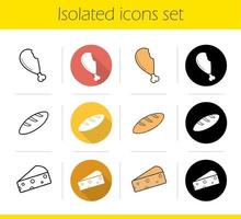 Lebensmittelgeschäft Produkte Icons Set. flaches Design, lineare, schwarze und farbige Stile. Hühnerkeule, Brotlaib, Käsescheibe. isolierte vektorillustrationen