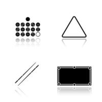 Billard-Ausrüstung Schlagschatten schwarze Symbole gesetzt. Billardkugeln, Tisch, Queues und Ballablage. isolierte vektorillustrationen vektor