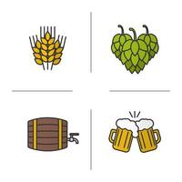 Bierfarbe Icons Set. Weizenähren, Hopfenzapfen, Alkoholholzfass, Toasten von Biergläsern. isolierte vektorillustrationen vektor