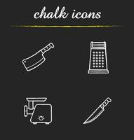 Küchengeräte Kreide Icons Set. Metzgerhacker, Reibe, Fleischwolf, Messer. isolierte tafel Vektorgrafiken vektor