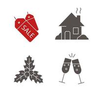 jul ikoner set. nyår siluett symboler. rea taggar, hus, mistel, rosta champagneglas. vektor isolerade illustration