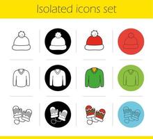 Winterkleidung Icons Set. lineare, schwarze und farbige Stile. Weihnachtsmannmütze, Pullover, Fäustlinge. isolierte vektorillustrationen vektor