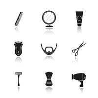 Rasierzubehör Schlagschatten schwarze Symbole gesetzt. Barbershop-Ausstattung. Kamm, Spiegel, Aftershave-Tube, Elektrorasierer, Rasierer, Bart, Schere, Rasierpinsel, Haartrockner. isolierte vektorillustrationen vektor