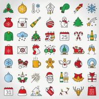 jul och nyår färg ikoner set. godisrör, champagneflaska och glas, jultomtebrev, tupp, snöflinga, tomtebloss. isolerade vektor illustration