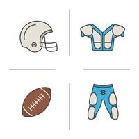 American Football Ausrüstung Farbsymbole gesetzt. Helm, Schulterpolster, Ball, Shorts. isolierte vektorillustrationen vektor