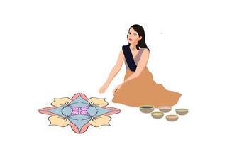 Indische Frauen, die Rangoli für Diwali-Feier machen, glückliche Diwali-Vektorillustration für Social Media. vektor