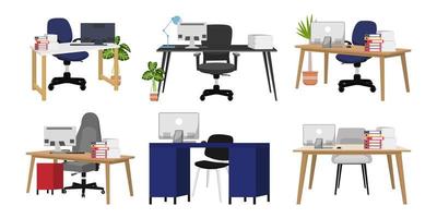 süßes schönes Schreibtischset für Home-Office-Freiberufler mit unterschiedlichem Design mit Stuhltisch, einige Papierstapel-Dateiordner und Zimmerpflanzen isoliert vektor