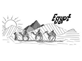 egyptisk svartvit skiss med kameler och öken vektor