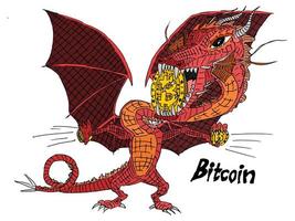 röd drake håller guldmynt bitcoin vektor