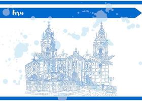 Skizzieren Sie blaue Illustration von Federbrunnen und Palast vektor