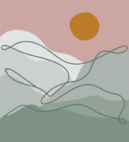 abstrakte minimalistische Vektorlandschaft mit Bergen und Sonne. modernes flaches Illustrationsplakat mit Strichzeichnungen vektor
