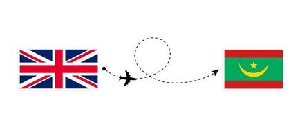Flug und Reise vom Vereinigten Königreich Großbritannien nach Mauretanien mit dem Reisekonzept für Passagierflugzeuge vektor