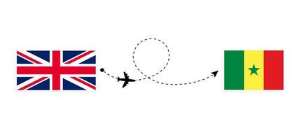 Flug und Reisen von Großbritannien nach Senegal mit dem Reisekonzept für Passagierflugzeuge vektor