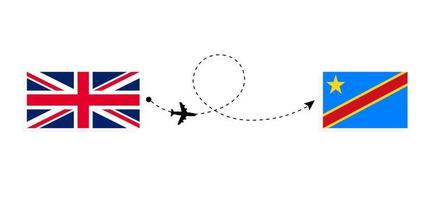 Flug und Reise vom Vereinigten Königreich Großbritannien in die Demokratische Republik Kongo mit dem Reisekonzept für Passagierflugzeuge vektor