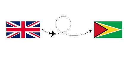 Flug und Reise von Großbritannien nach Guyana mit dem Reisekonzept für Passagierflugzeuge vektor