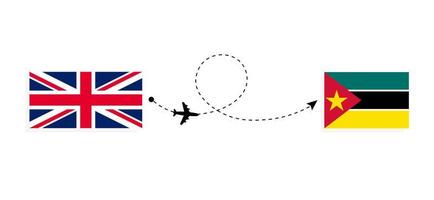 Flug und Reise von Großbritannien nach Mosambik mit dem Reisekonzept für Passagierflugzeuge vektor