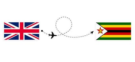 flyg och resor från Storbritannien till Zimbabwe med passagerarflygplan vektor