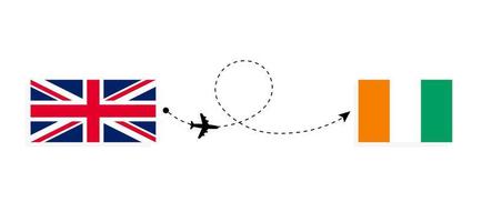 flug und reise vom vereinigten königreich von großbritannien nach elfenbeinküste mit dem reisekonzept für das Passagierflugzeug vektor