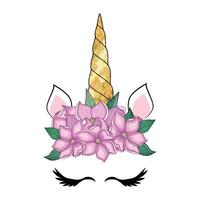 süß Einhorn mit Blumen- Kranz und Gold funkeln Horn. Hand gezeichnet Illustration vektor