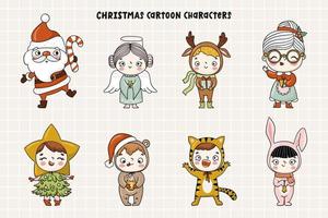 Weihnachtszeichentrickfiguren im handgezeichneten Stil. lustige kinderillustrationen