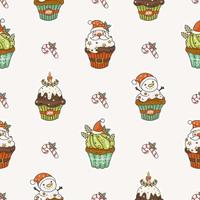 tecknad jul seamless mönster med handritade cupcakes, jul bakgrund vektor