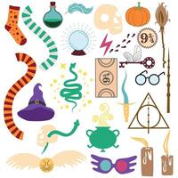 Halloween Zauberei und Magie Artikel, Spiel Vermögenswerte. Trank Flasche, Laterne, Schädel, Kerze vektor