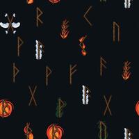 Hand gezeichnet Runen Briefe nahtlos Muster mit elementar Symbole. Magie Zeichen und Symbole von skandinavisch Kultur vektor