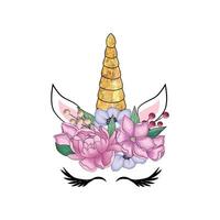 süß Einhorn mit Blumen- Kranz und Gold funkeln Horn. Hand gezeichnet Illustration vektor