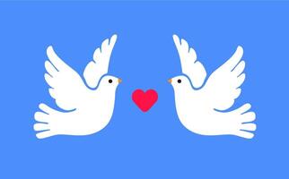 zwei Weiß Tauben mit Herz auf Blau Hintergrund. eben Illustration. Liebe Konzept. vektor