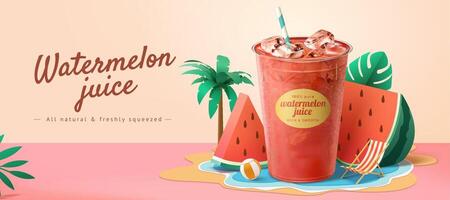 färsk vattenmelon juice ad baner mall. 3d illustration av plast hämtmat kopp med papper skära vattenmelon skivor och strand tema dekoration. vektor