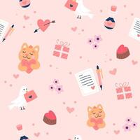 valentine s dag mönster med söt duvor, katter och kärlek brev. hand dragen illustration vektor