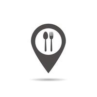 kafé och restauranger plats ikon. skuggkarta pekaren siluett symbol. gaffel och sked matställe skylt inuti pinpoint. vektor isolerade illustration
