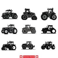 oländig traktor silhuetter jordbruk Utrustning samling för jordbruks mönster vektor
