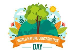 värld natur bevarande dag illustration med värld Karta, träd och eco vänlig ekologi för bevarande i platt tecknad serie bakgrund vektor