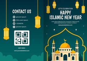 islamic ny år broschyr platt tecknad serie hand dragen mallar bakgrund illustration vektor