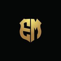 em Logo-Monogramm mit Goldfarben und Schildform-Designvorlage vektor