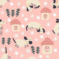 Weihnachten nahtlose Muster mit Dackeln, Häusern und Bäumen. vektor