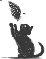 Silhouette Kätzchen Tier spielen Feder schwarz Farbe nur vektor